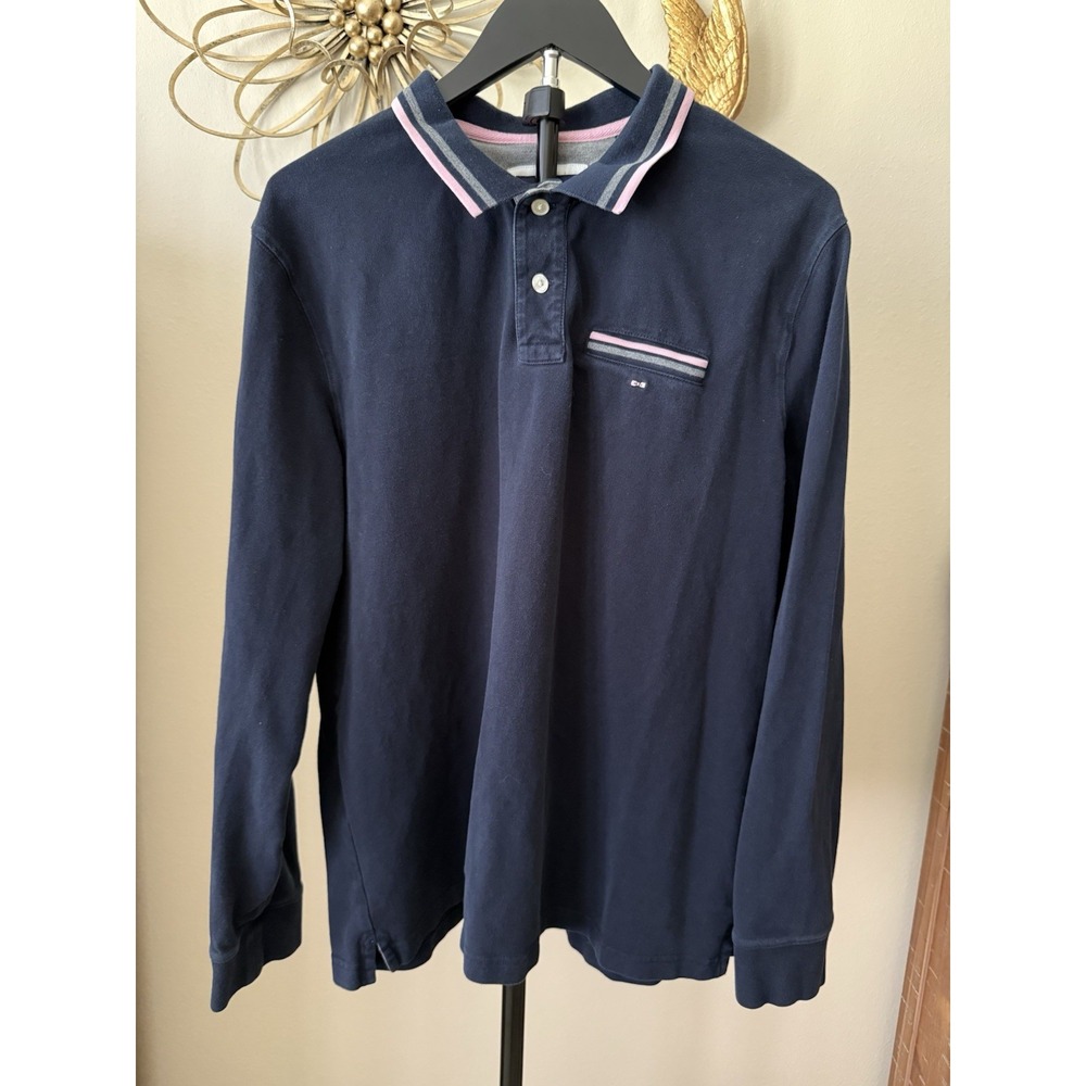 Eden Park Paris Men XL Navy Long Sleeve Polo Shirt Pink Stripe 100% Cotton
